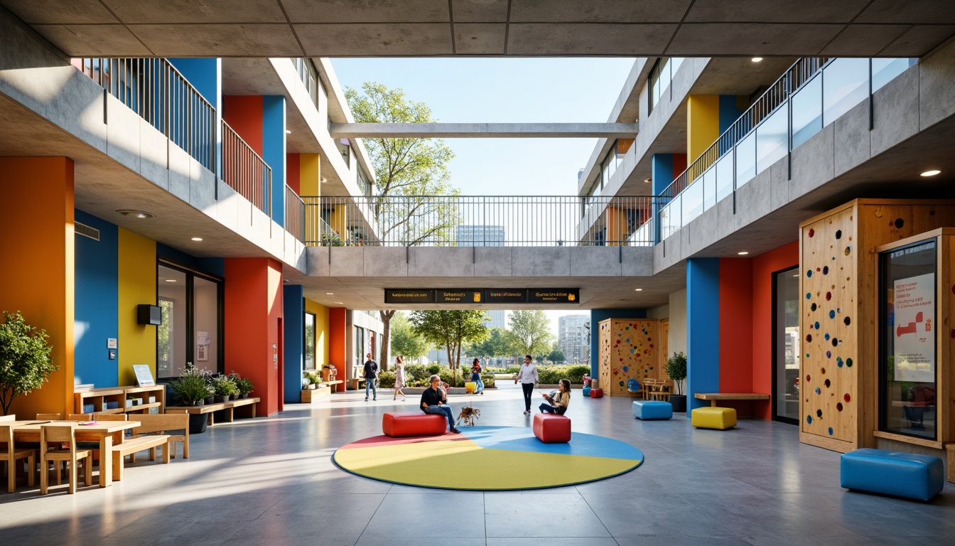 Prompt: Vibrant elementary school, open courtyard, abstract geometric shapes, bold primary colors, industrial metal beams, polished concrete floors, minimalist furniture, natural light pouring in, large windows, sliding glass doors, urban cityscape views, playful playground equipment, climbing walls, educational signage, modern Bauhaus architecture, clean lines, simple forms, functional design, collaborative learning spaces, flexible seating areas, soft warm lighting, shallow depth of field, 3/4 composition, panoramic view, realistic textures, ambient occlusion.