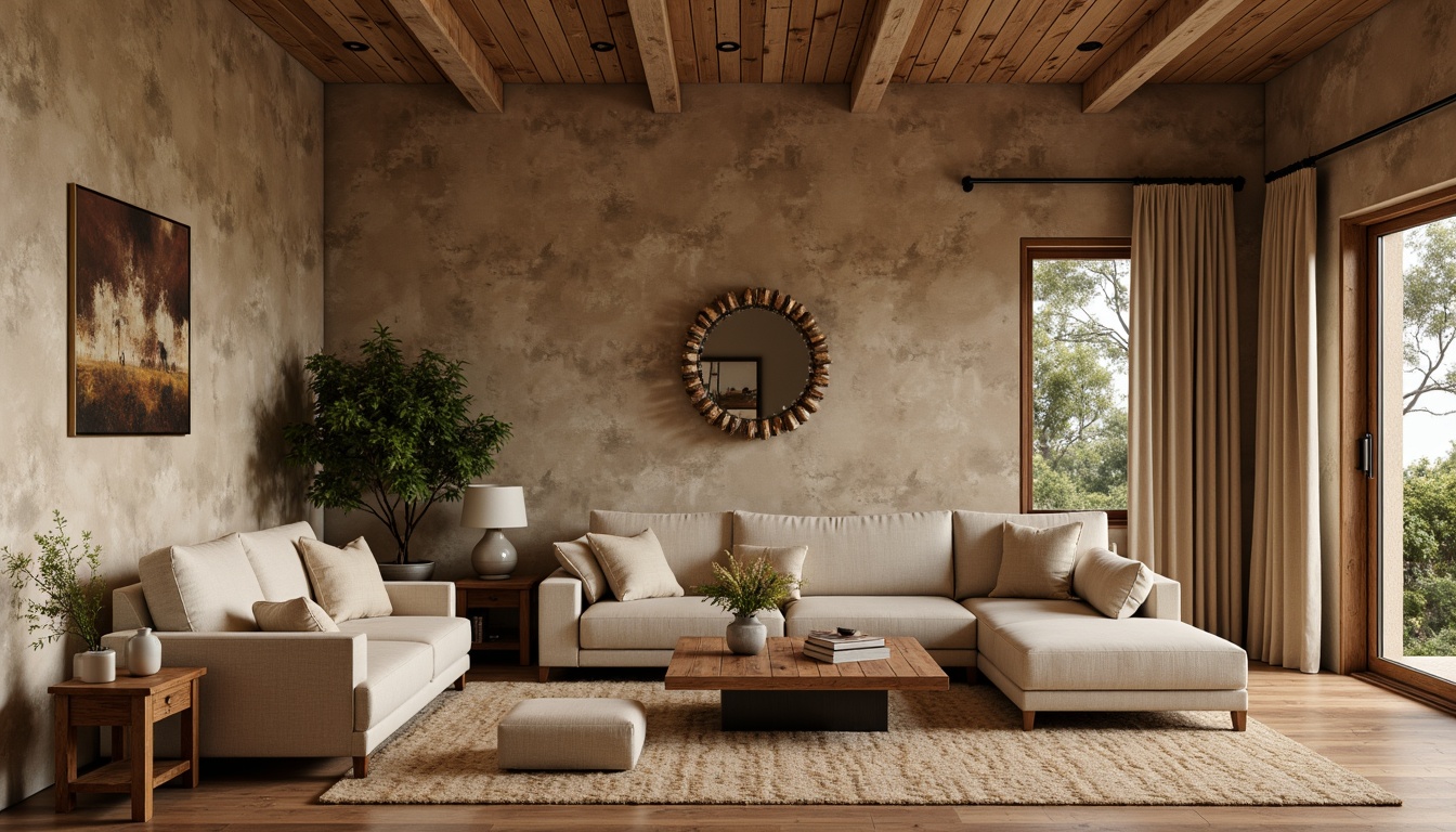 Prompt: Cozy living room, textured walls, earthy tones, natural stone accents, warm beige colors, comfortable sofas, plush throw pillows, wooden furniture, ambient soft lighting, shallow depth of field, 1/1 composition, realistic textures, subtle shadowing.