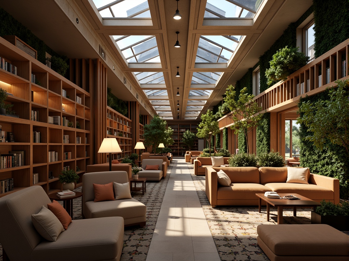 Prompt: Cozy library atmosphere, warm soft lighting, wooden bookshelves, comfortable reading areas, natural daylight filtering through skylights, floor lamps, table lamps, pendant lights, energy-efficient LED lighting, subtle color temperatures, calming ambiance, peaceful study zones, quiet reading nooks, minimalist decor, modern furniture, ergonomic chairs, green walls, living plants, diffused indirect lighting, layered lighting design, 1/1 composition, softbox lighting effect.