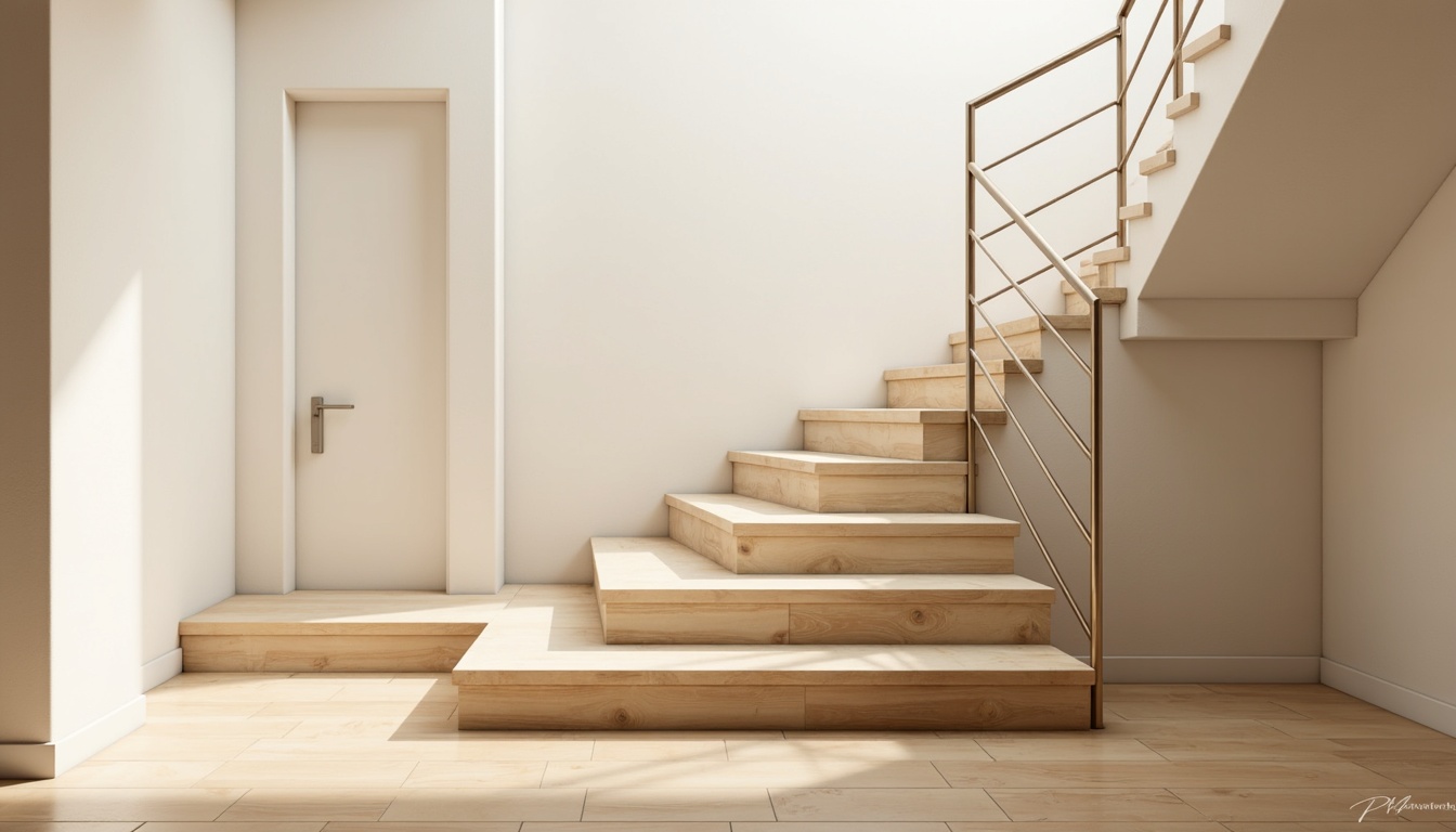 Prompt: Light-filled staircase, minimalist design, pale wood tones, sleek metal railings, Nordic-inspired aesthetic, hardwood flooring, blonde wood planks, matte finish, subtle texture, natural materials, organic feel, airy atmosphere, soft warm lighting, 3/4 composition, shallow depth of field, realistic textures, ambient occlusion.