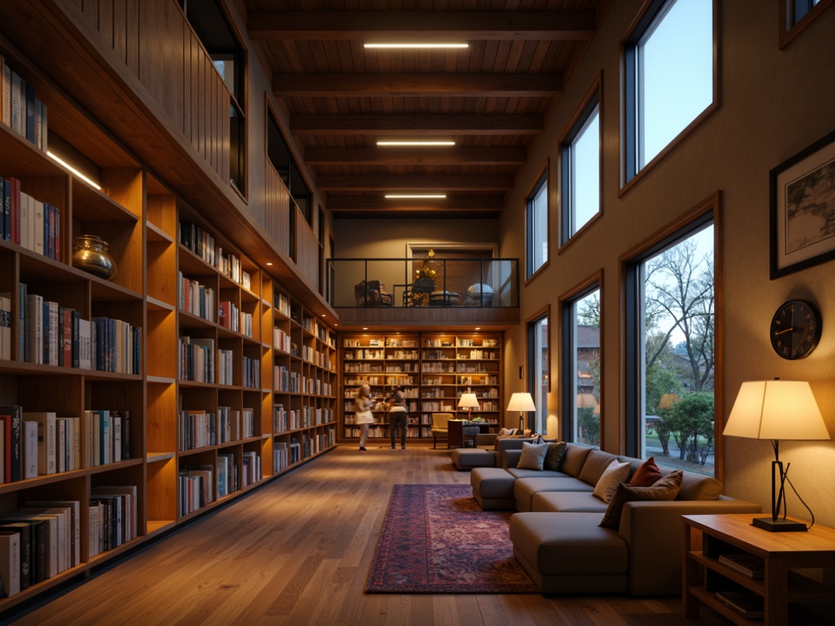 Prompt: Cozy library atmosphere, warm soft lighting, floor lamps, table lamps, natural daylight, large windows, minimal shading, comfortable reading nooks, wooden bookshelves, quiet study areas, modern minimalist design, energy-efficient LED lights, softbox lighting, indirect lighting, ambient occlusion, realistic textures, 1/1 composition, shallow depth of field, warm color temperature, gentle illumination.