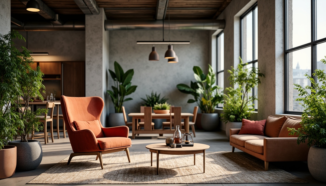 Prompt: Mid-century modern armchair, velvet upholstery, wooden legs, minimalist coffee table, sleek metal frame, industrial-chic decor, reclaimed wood accents, natural fiber rugs, earthy color palette, abundant greenery, floor-to-ceiling windows, urban loft atmosphere, warm soft lighting, shallow depth of field, 2/3 composition, realistic textures, ambient occlusion.