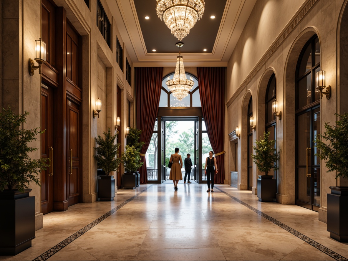 Prompt: Grand entrance, luxurious marble floors, polished brass hardware, elegant crystal chandeliers, sophisticated wooden doors, ornate metalwork details, rich velvet drapes, opulent gold accents, refined stone columns, majestic archways, dramatic high ceilings, warm ambient lighting, 1/1 composition, symmetrical framing, realistic textures, subtle shadowing.