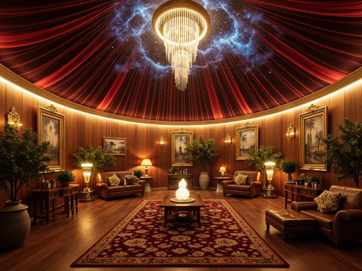 Prompt: Ornate planetarium interior, rich velvet drapes, intricately patterned rugs, antique wooden panels, gilded frames, crystal chandeliers, luxurious leather upholstery, carved mahogany furniture, ornamental vases, celestial-inspired murals, starry night sky projections, warm golden lighting, shallow depth of field, 1/2 composition, atmospheric mist, realistic textures, ambient occlusion.