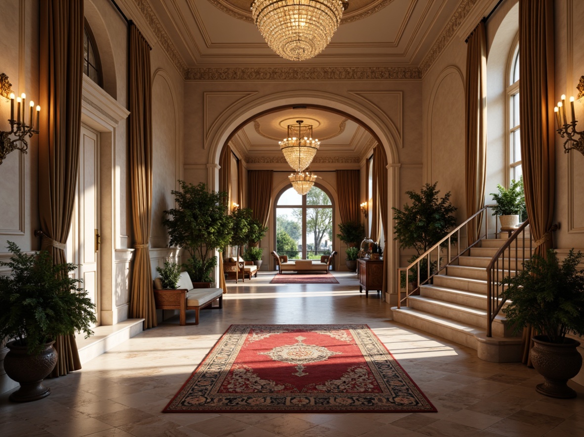 Prompt: Elegant luxury mansion, ornate stone carvings, grand entrance halls, sweeping staircases, crystal chandeliers, intricately patterned rugs, marble floors, rich wood paneling, lavish furnishings, opulent drapery, sparkling silver accents, warm golden lighting, shallow depth of field, 1/1 composition, realistic textures, ambient occlusion.