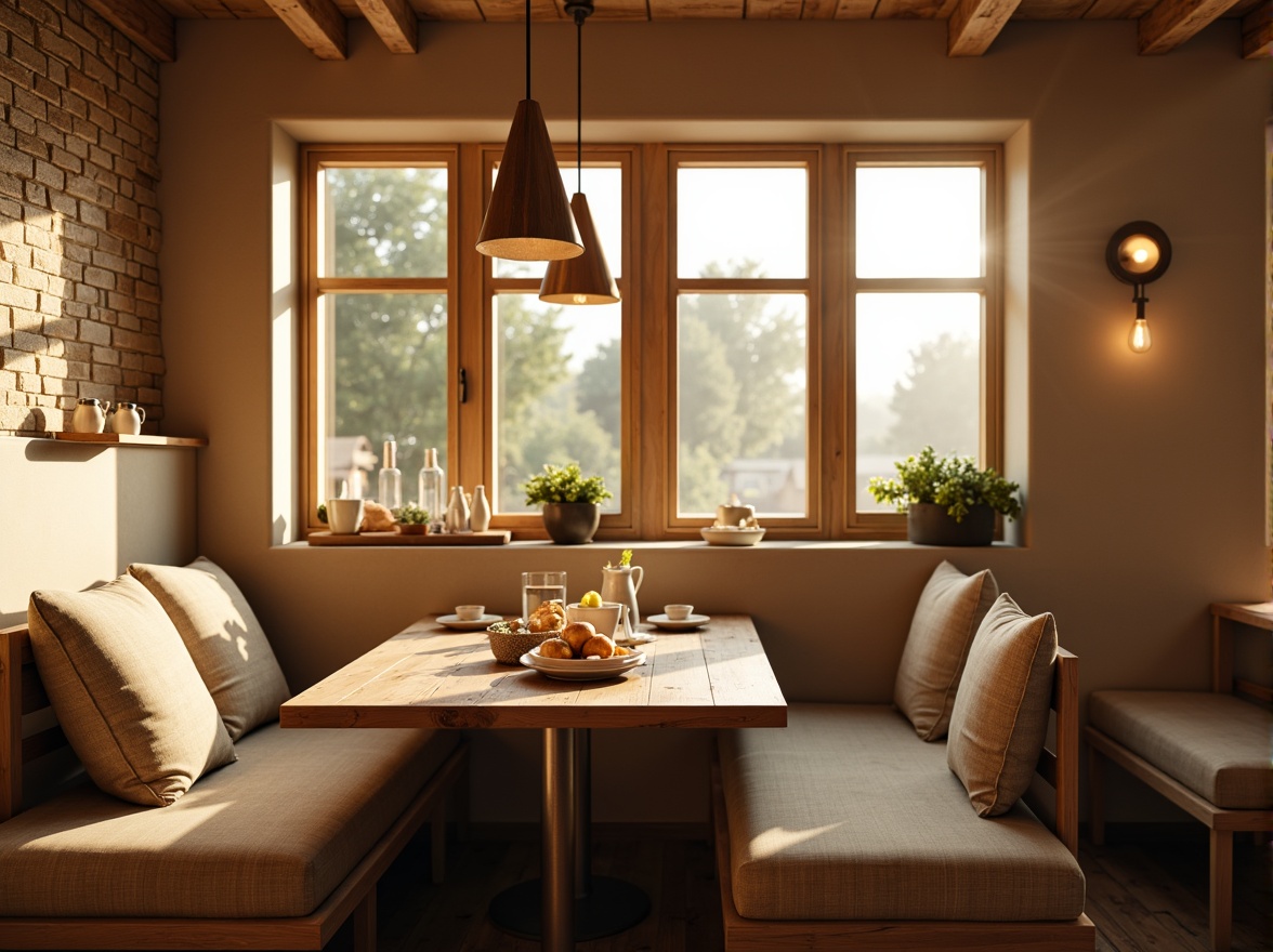 Prompt: Warm breakfast nook, soft golden lighting, rustic wooden tables, plush cushions, natural stone walls, earthy color palette, cozy corner banquettes, pendant lamps, warm beige tones, creamy whites, soft pastels, morning sunlight, gentle shadows, intimate atmosphere, 1/2 composition, shallow depth of field, realistic textures, ambient occlusion.