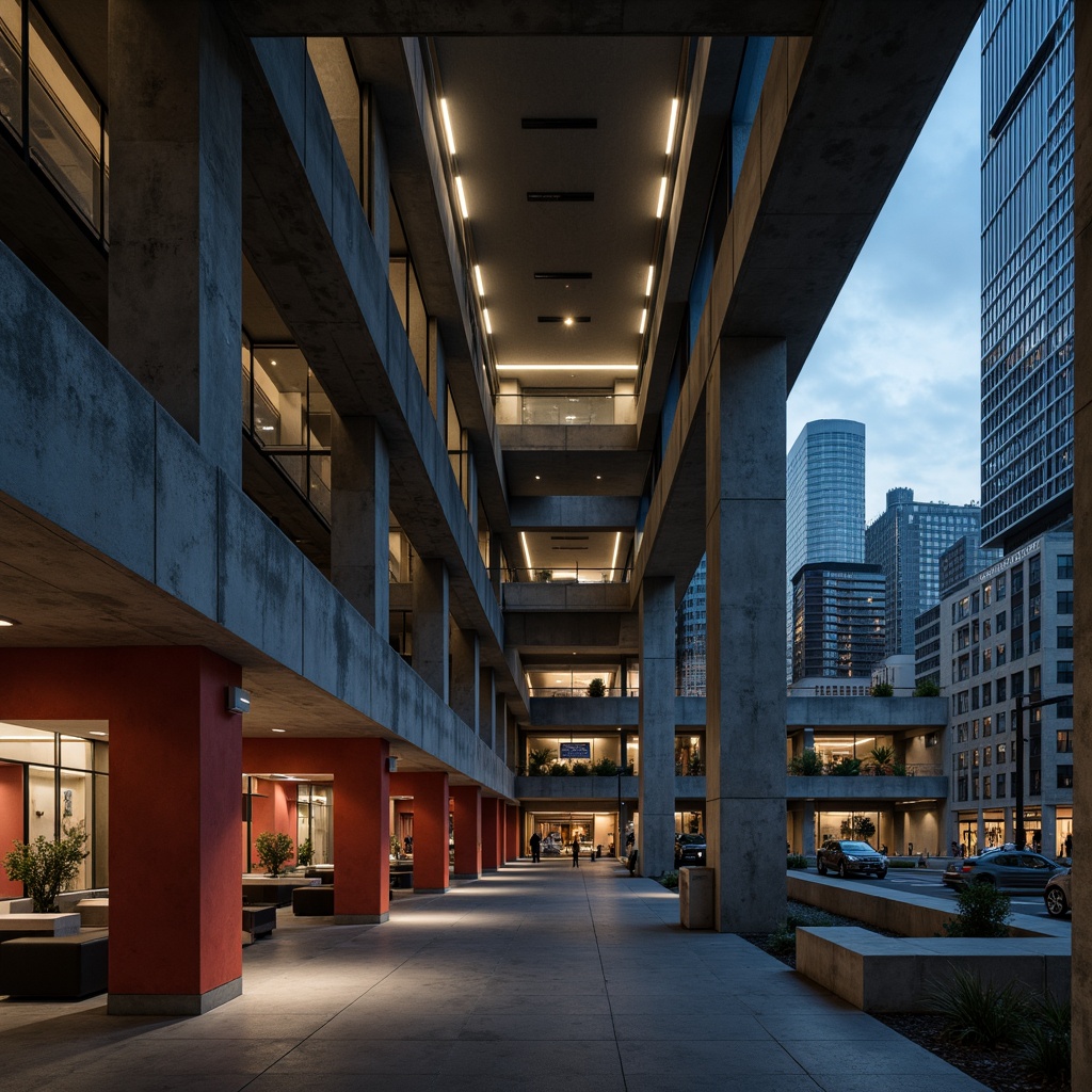 Prompt: Harsh brutalist architecture, rugged concrete textures, monumental scale, dramatic shadows, industrial-style lighting fixtures, exposed ductwork, raw metal beams, bold color accents, minimalist decor, atmospheric gloom, high-contrast lighting, directional spotlights, ambient occlusion, 3/4 composition, low-angle shot, realistic materials, urban cityscape, overcast sky, cold hard light, dramatic chiaroscuro.