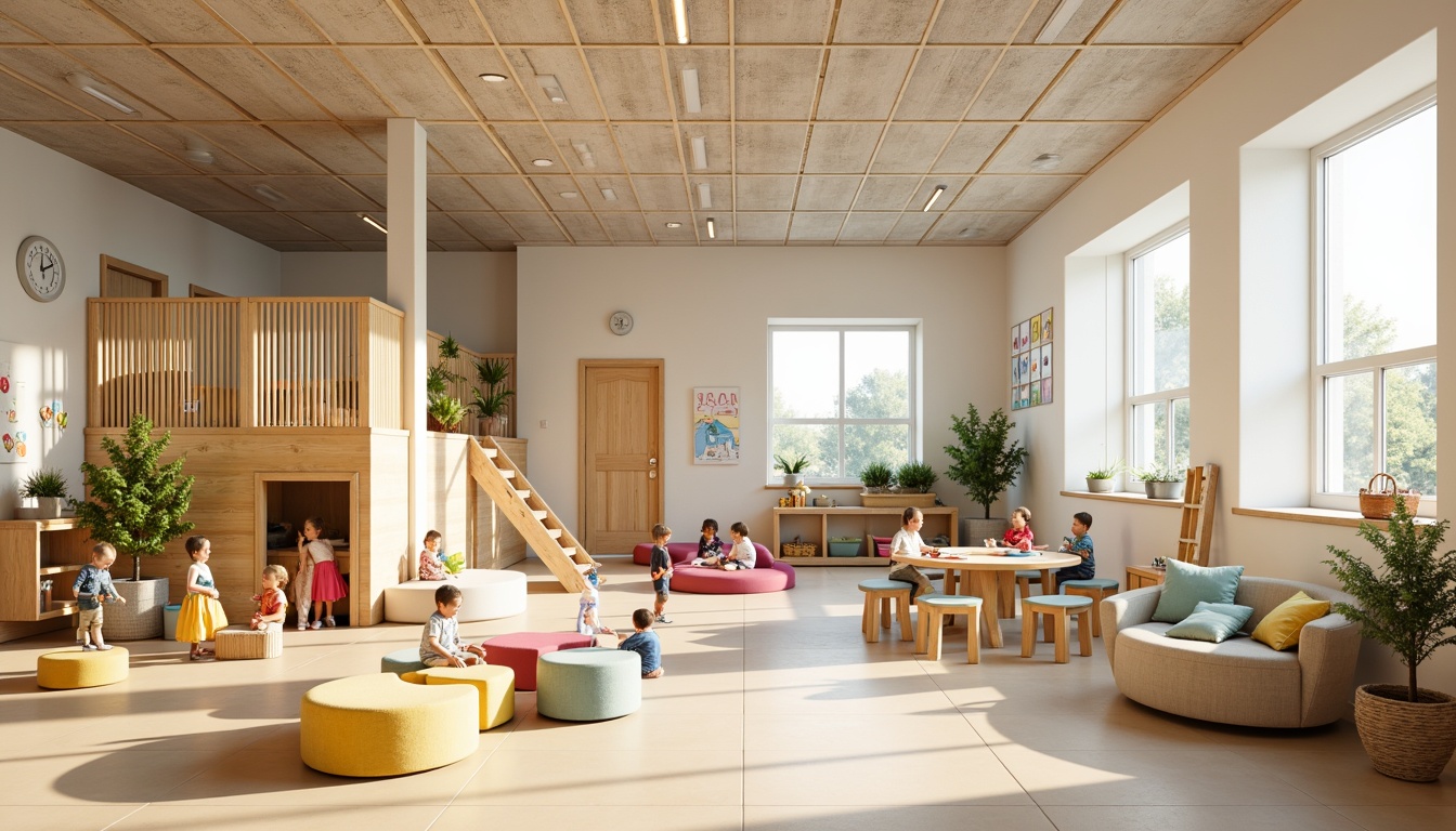 Prompt: Vibrant kindergarten interior, soft pastel colors, gentle natural light, wooden play structures, colorful educational toys, playful alphabet patterns, whimsical cartoon characters, rounded furniture edges, cushioned reading nooks, stimulating art stations, collaborative learning spaces, acoustic ceiling panels, warm beige flooring, decorative wall murals, circular tables, tiny chair designs, joyful atmosphere, shallow depth of field, 1/1 composition, realistic textures, ambient occlusion.