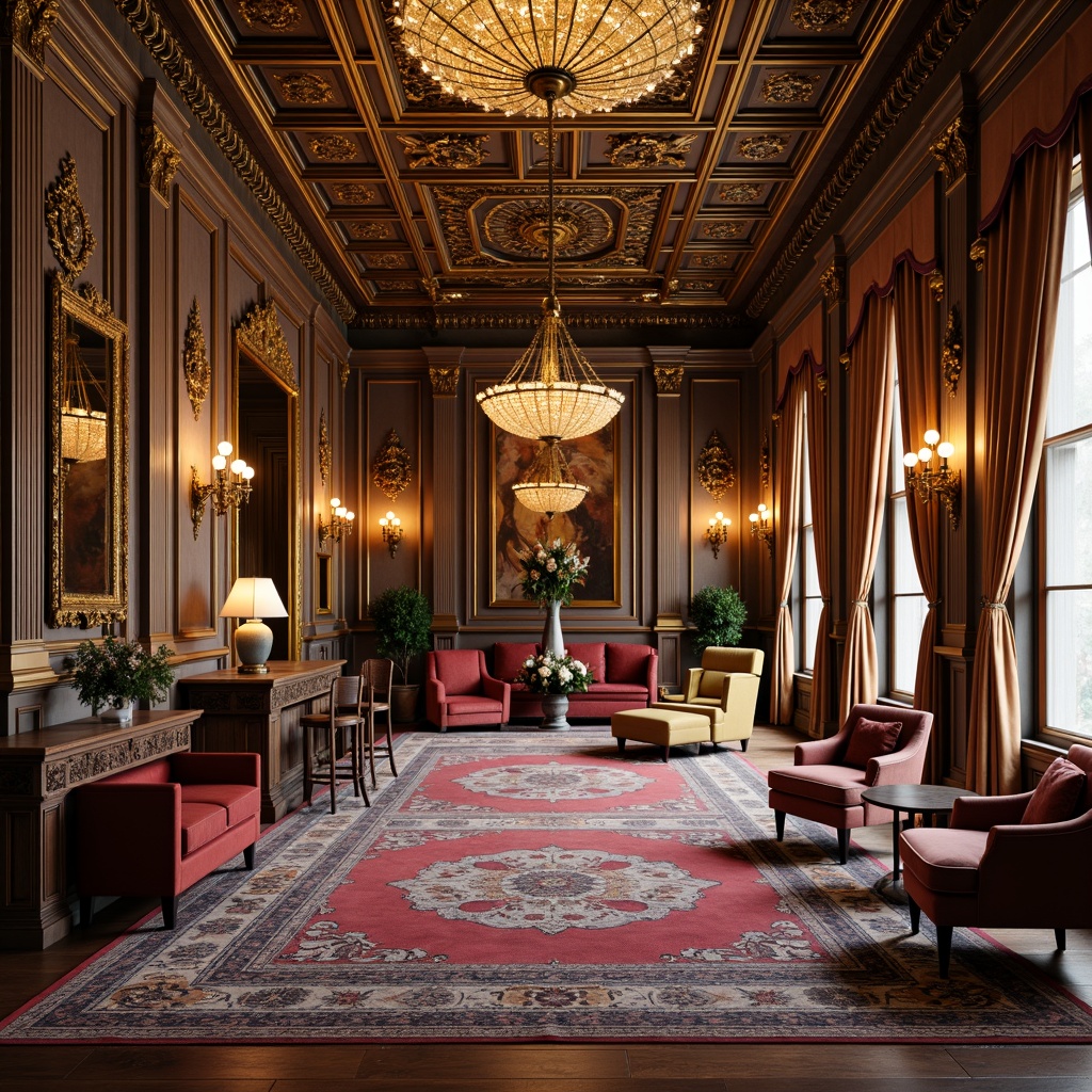 Prompt: Ornate interior space, luxurious furnishings, patterned rugs, velvet drapes, golden accents, crystal chandeliers, marble countertops, intricate moldings, ornamental mirrors, lavish textiles, tufted upholstery, carved wooden furniture, elegant lighting fixtures, soft warm glow, shallow depth of field, 1/1 composition, realistic textures, ambient occlusion.