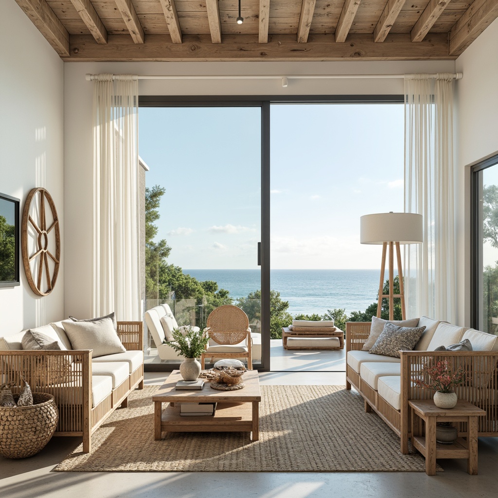 Prompt: Light-filled open-plan living space, coastal-themed interior design, driftwood accents, natural textiles, woven sea grass furniture, ocean-inspired color palette, soft blue hues, creamy whites, weathered wood tones, floor-to-ceiling windows, sliding glass doors, panoramic beach views, outdoor-indoor connection, minimalist decor, nautical touches, shell decorations, coral patterns, subtle wave motifs, airy atmosphere, abundant natural light, shallow depth of field, 1/1 composition, realistic textures, ambient occlusion.