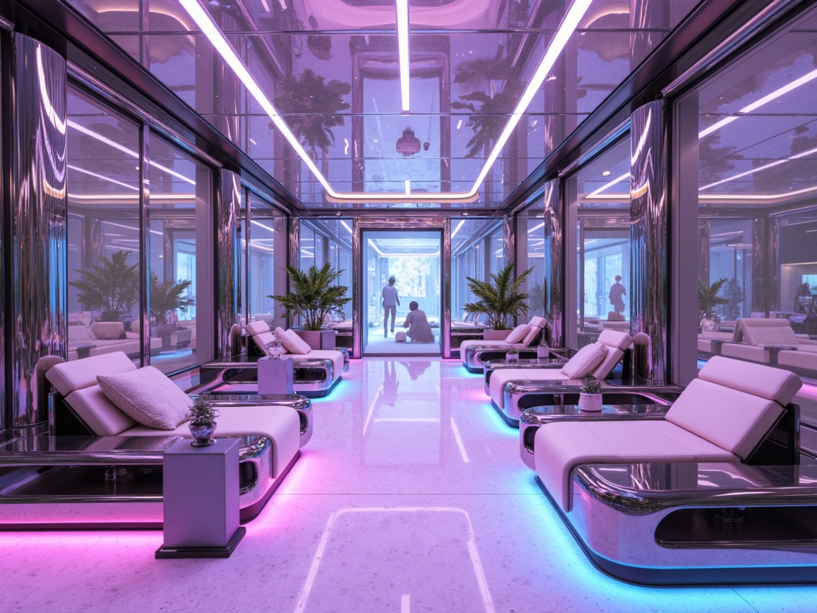 Prompt: Futuristic pavilion interior, neon-lit ambiance, iridescent color scheme, shimmering metallic accents, holographic patterns, luminescent flooring, gleaming chrome surfaces, angular geometric shapes, minimalist decor, avant-garde furniture design, atmospheric LED lighting, soft pulsing hues, pastel pink accents, electric blue undertones, silver-gray highlights, matte-black textures, futuristic materials, 3D-printed decorations, immersive virtual reality experience, 360-degree panoramic view, shallow depth of field.