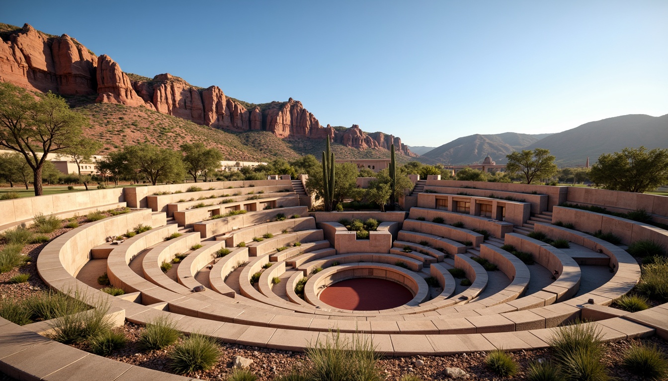 Prompt: Southwestern amphitheater, natural stone seating, rustic wooden accents, earthy color palette, tiered grassy slopes, majestic desert landscape, cacti plants, clear blue sky, warm sunny day, soft natural lighting, subtle shadows, 3/4 composition, panoramic view, realistic textures, ambient occlusion, acoustic sound diffusion, wave-shaped canopies, curved lines, organic shapes, earthy materials, cultural patterns, vibrant textiles, intricate geometric motifs.