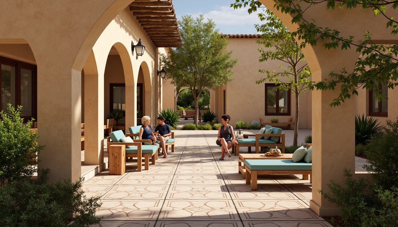 Prompt: Cozy seating areas, warm beige tones, ornate ceramic tiles, curved archways, rustic wooden benches, vibrant turquoise accents, lush greenery, natural stone walls, decorative metal lanterns, Mediterranean-inspired patterns, soft warm lighting, shallow depth of field, 1/1 composition, realistic textures, ambient occlusion.