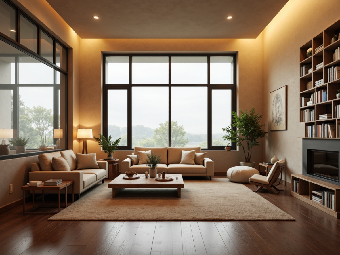 Prompt: Cozy living room, comfortable sofas, wooden coffee tables, minimalist decor, floor lamps, soft cushions, warm beige walls, large windows, natural light, functional layout, efficient storage, multi-functional furniture, space-saving designs, ergonomic chairs, task lighting, organized bookshelves, decorative rugs, calming color scheme, inviting atmosphere, shallow depth of field, 1/1 composition, realistic textures, ambient occlusion.