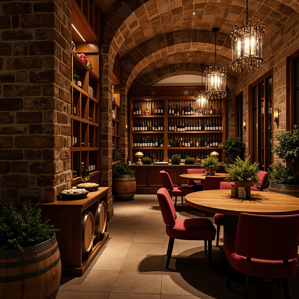 Prompt: Luxurious wine cellar, rich wood tones, earthy stone walls, dimly lit atmosphere, warm golden lighting, velvety dark reds, deep berry hues, sophisticated neutrals, elegant metallic accents, premium leather textures, vintage wine barrels, rustic wooden crates, ornate metalwork, subtle sparkle, dramatic shadows, low-key ambiance, intimate seating areas, refined modern architecture, opulent chandeliers.