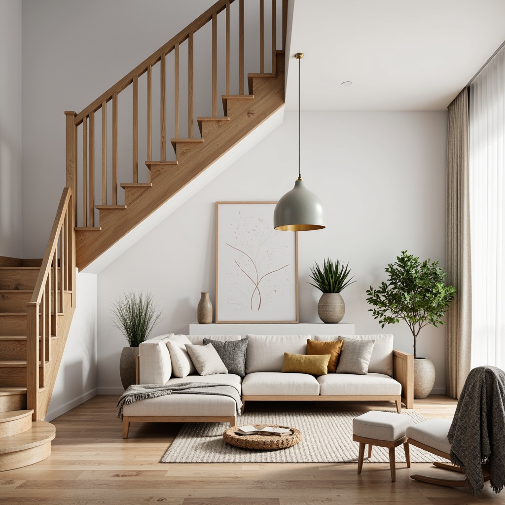 Prompt: Minimalist living room, Scandinavian staircase, wooden handrail, white walls, light oak flooring, cozy throw blankets, modern pendant lighting, natural fiber rugs, comfortable sectional sofa, abstract artwork, indoor plants, floor-to-ceiling windows, sheer curtains, soft warm lighting, shallow depth of field, 1/2 composition, atmospheric perspective, realistic textures.