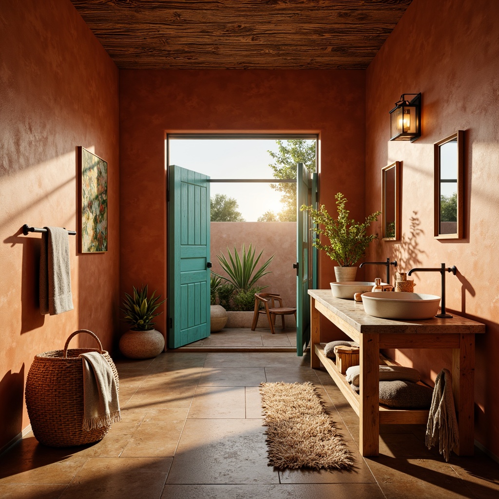 Prompt: Warm terracotta walls, earthy tone floors, vibrant turquoise accents, rustic wooden vanities, woven basketweave textiles, natural stone countertops, desert-inspired botanicals, warm golden lighting, soft misting effects, shallow depth of field, 1/1 composition, realistic textures, ambient occlusion.