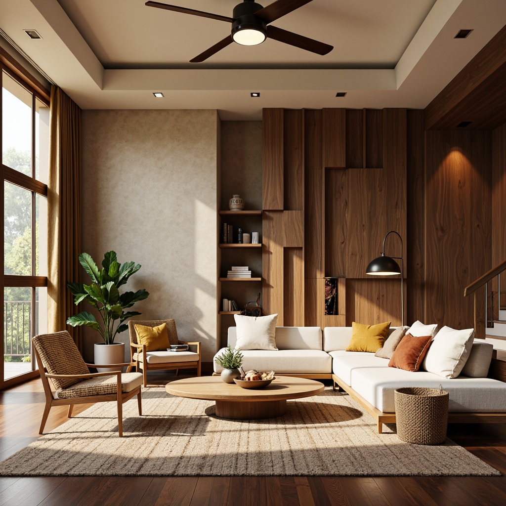 Prompt: Mid-century modern living room, earthy tone palette, warm beige walls, rich walnut wood accents, bold graphic patterns, statement lighting fixtures, sleek low-profile furniture, organic shapes, natural textiles, woven baskets, lush greenery, abundant natural light, soft diffused shadows, 1/1 composition, realistic renderings, ambient occlusion.