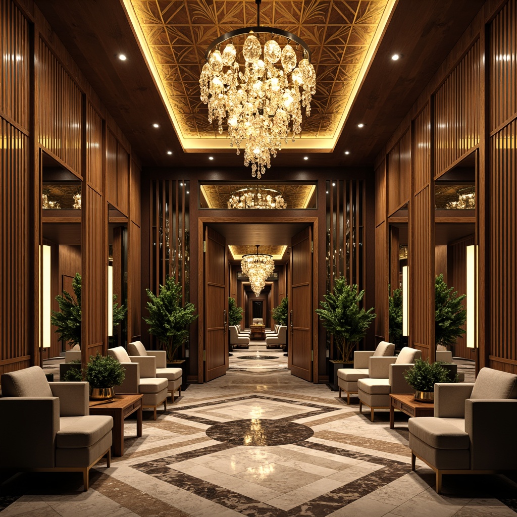 Prompt: Luxurious mudroom, Art Deco style, bold geometric patterns, metallic accents, glamorous chandeliers, sleek marble floors, ornate mirrors, rich wood paneling, opulent textiles, vibrant jewel-toned colors, lavish furnishings, grand entranceways, symmetrical compositions, low-angle lighting, dramatic shadows, luxurious materials, sophisticated ambiance, 1/1 composition, realistic reflections.