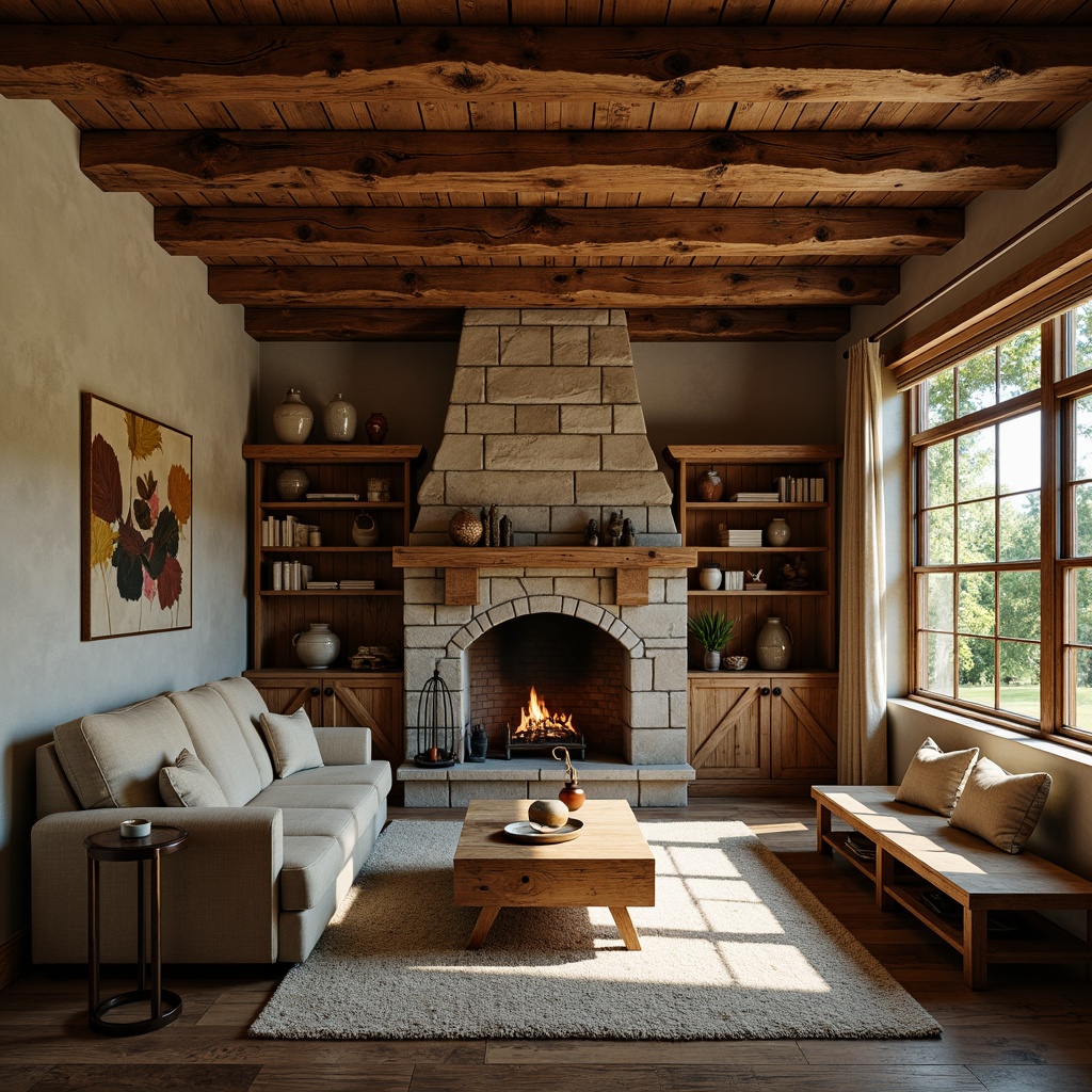 Prompt: Rustic wooden beams, distressed finishes, warm earthy tones, natural materials, cozy intimate spaces, vintage decorative trims, earthy color palette, wooden furniture accents, stone fireplaces, plush area rugs, soft warm lighting, shallow depth of field, 1/1 composition, realistic textures, ambient occlusion.