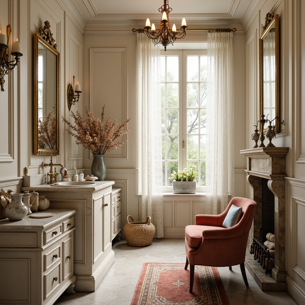 Prompt: Soft French country powder room, gentle cream walls, distressed wood furniture, ornate gold accents, delicate porcelain vases, lace curtains, velvet upholstery, rich plum reds, muted blues, soft peach tones, warm candlelight, subtle texture overlays, intricate moldings, carved wooden paneling, elegant marble countertops, ornate mirrors, rustic stone fireplaces, cozy intimate atmosphere, shallow depth of field, 1/1 composition, realistic textures, ambient occlusion.