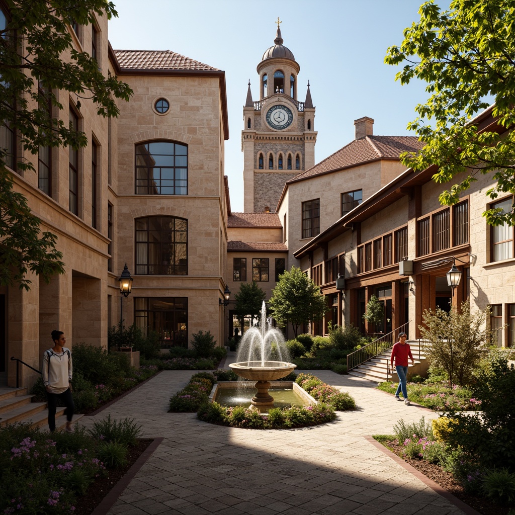 Prompt: Grand campus courtyard, ornate fountains, soft warm lanterns, intricately carved stone facades, stained glass windows, richly toned wood accents, ornamental ironwork, majestic clock towers, vibrant flower beds, lush greenery, warm golden lighting, dramatic spotlighting, ambient occlusion, realistic textures, 3/4 composition, shallow depth of field, soft focus background, Renaissance-inspired architectural details, elegant archways, grand staircases.