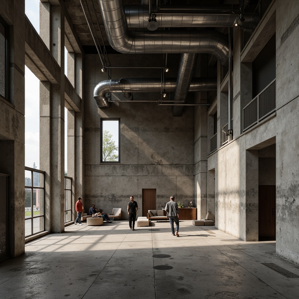 Prompt: Industrial brutalist interior, concrete walls, exposed ductwork, metallic beams, raw industrial materials, monochromatic color scheme, muted earth tones, weathered wood accents, distressed finishes, urban grittiness, atmospheric shadows, dramatic high ceilings, functional minimalism, utilitarian aesthetic, cold harsh lighting, stark architectural forms.