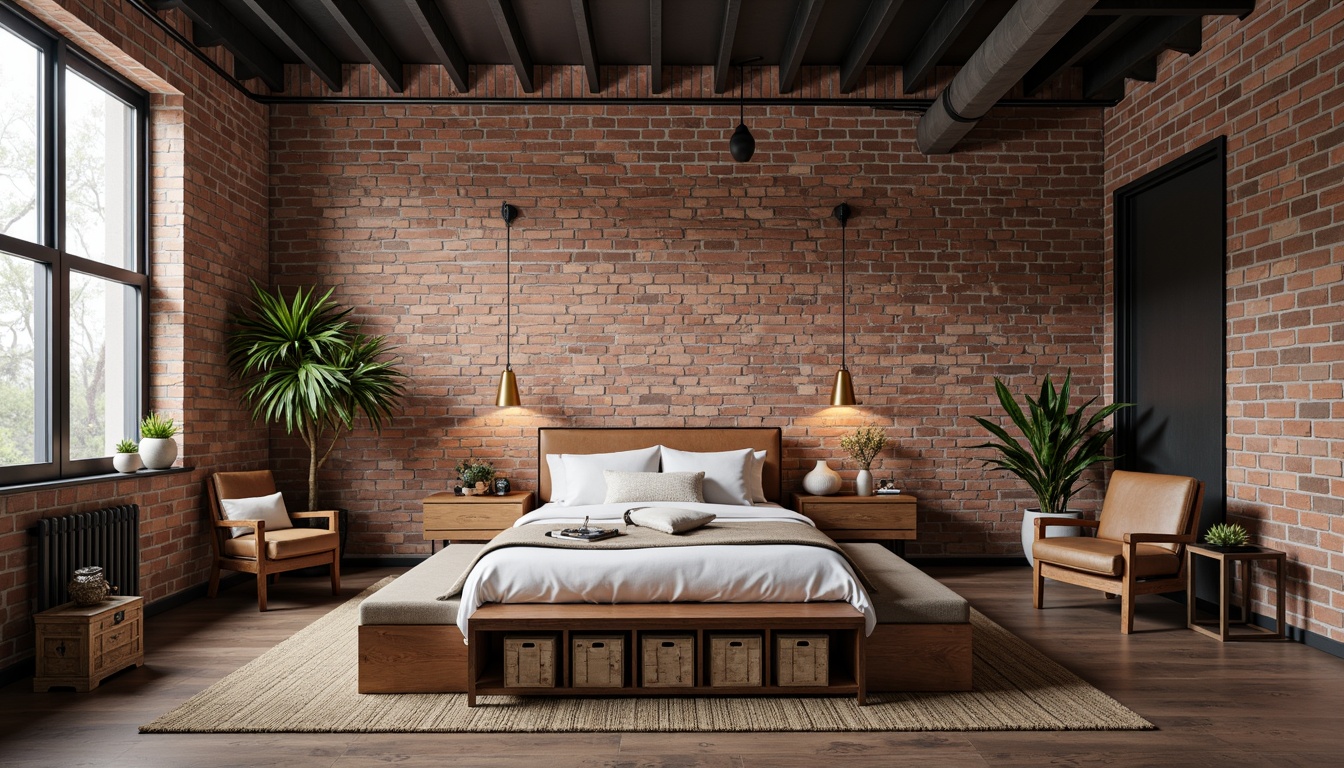 Prompt: Industrial-chic bedroom, exposed brick walls, metal beam ceiling, reclaimed wood flooring, functional furniture pieces, multi-functional storage beds, industrial-style lighting fixtures, metal frame chairs, wooden crates, vintage decor items, distressed leather upholstery, neutral color palette, urban loft atmosphere, natural light pouring in, soft warm lighting, shallow depth of field, 1/2 composition, realistic textures, ambient occlusion.