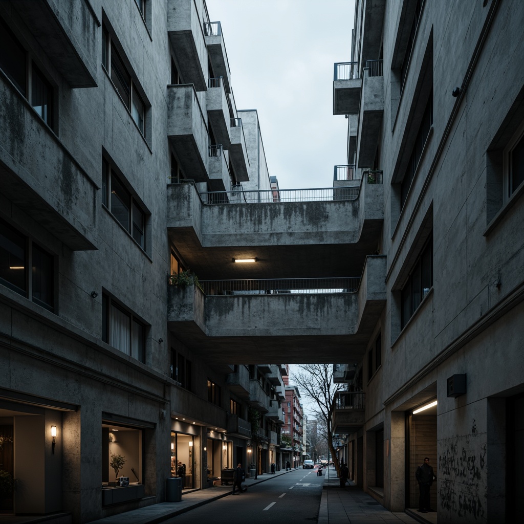 Prompt: Harsh concrete structures, rugged brutalist architecture, dramatic shadows, industrial-style lighting fixtures, exposed ductwork, raw concrete walls, cold grey tones, minimal ornamentation, functional spaces, urban cityscape, overcast skies, diffused natural light, high-contrast artificial lighting, accentuated textures, 1/1 composition, low-key mood, cinematic atmosphere, gritty realistic render.