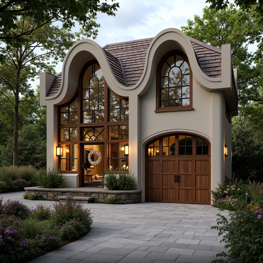 Prompt: Ornate Art Nouveau garage, flowing organic lines, sinuous curves, botanical motifs, stained glass windows, intricate metalwork, ornamental door handles, curved rooflines, asymmetrical facade, natural stone foundation, lush greenery, vibrant flowers, soft warm lighting, shallow depth of field, 3/4 composition, panoramic view, realistic textures, ambient occlusion.