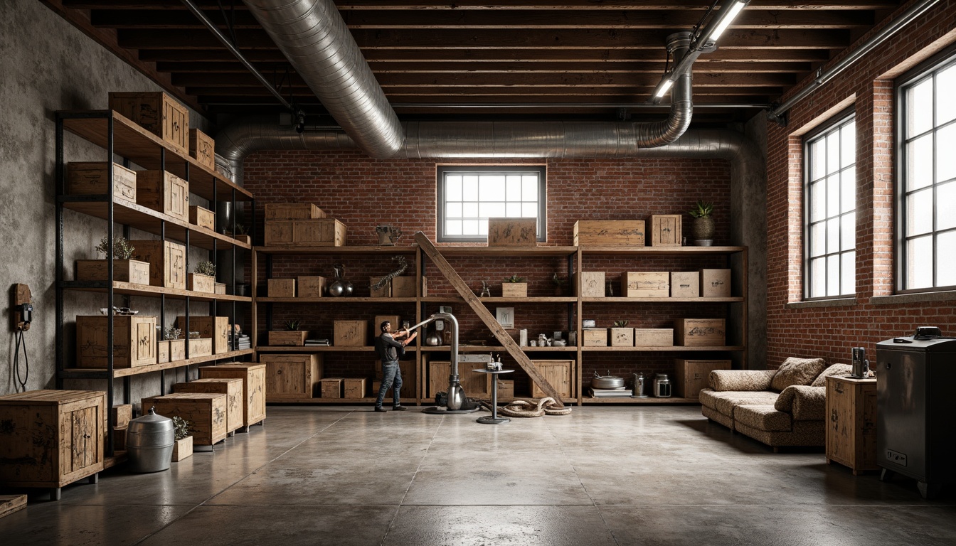 Prompt: Industrial storage room, exposed pipes, metal beams, concrete flooring, brick walls, urban loft aesthetic, functional shelving units, rustic wooden crates, vintage industrial equipment, distressed finishes, warm color palette, softbox lighting, shallow depth of field, 1/1 composition, realistic textures, ambient occlusion.