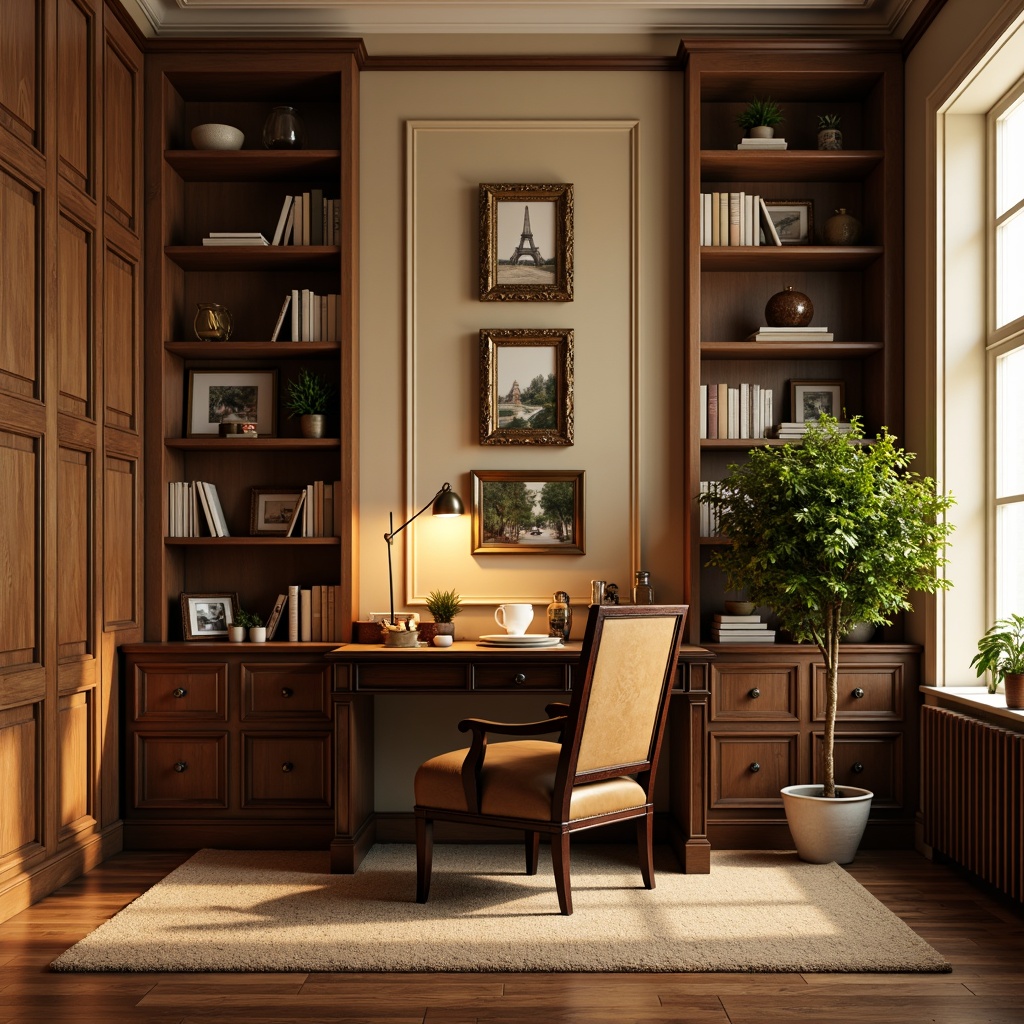 Prompt: Cozy home office, traditional wooden desk, comfortable leather chair, warm beige walls, rich wood flooring, soft golden lighting, vintage metal lamp, ornate picture frames, classic bookshelves, elegant greenery, natural fiber rugs, warm earthy tones, classic architecture, symmetrical composition, 1/1 aspect ratio, realistic textures, subtle ambient occlusion.