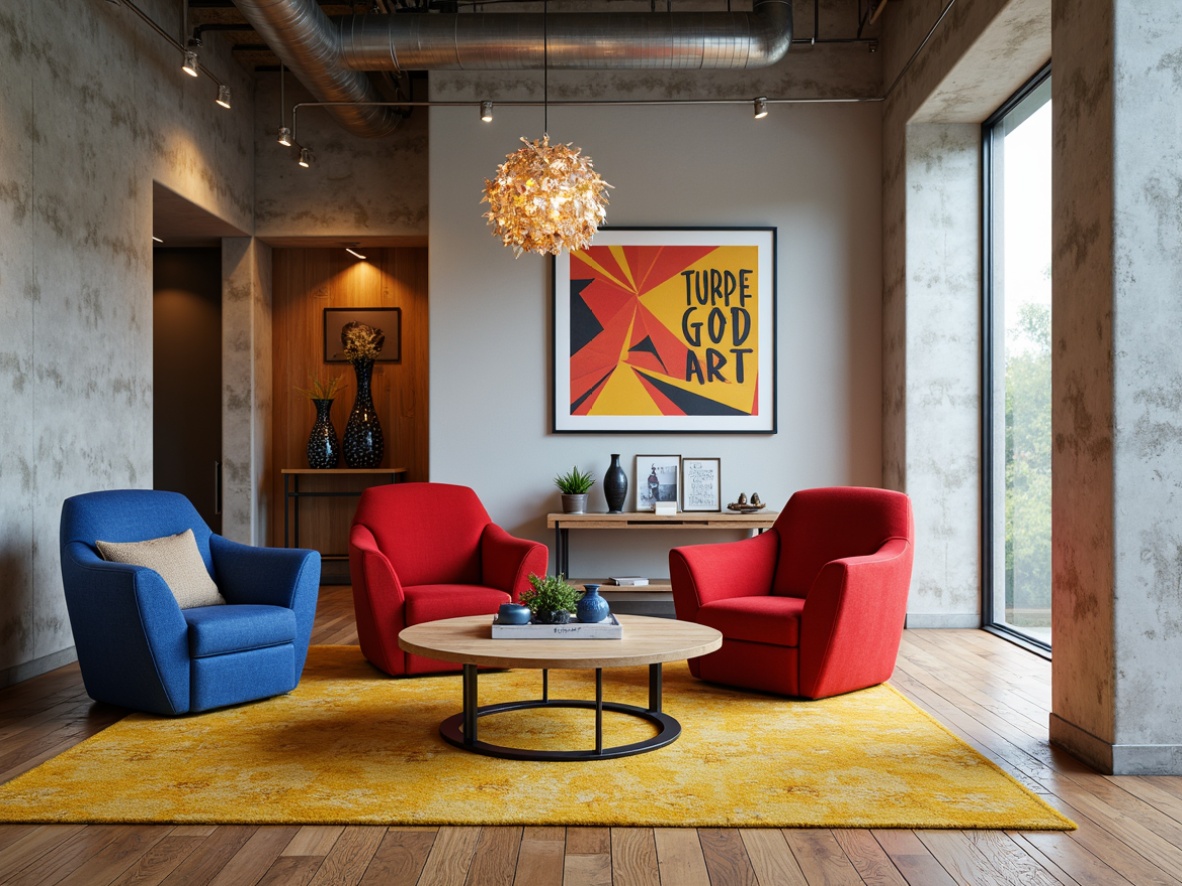 Prompt: Vibrant colored accents, geometric shapes, functional furniture, industrial materials, exposed pipes, raw concrete walls, minimalist decor, bold typography, primary color palette, red accent chairs, blue decorative vases, yellow geometric rugs, black metal frames, wooden floors, natural light, softbox lighting, shallow depth of field, 1/1 composition, symmetrical balance, abstract art pieces, avant-garde sculptures.