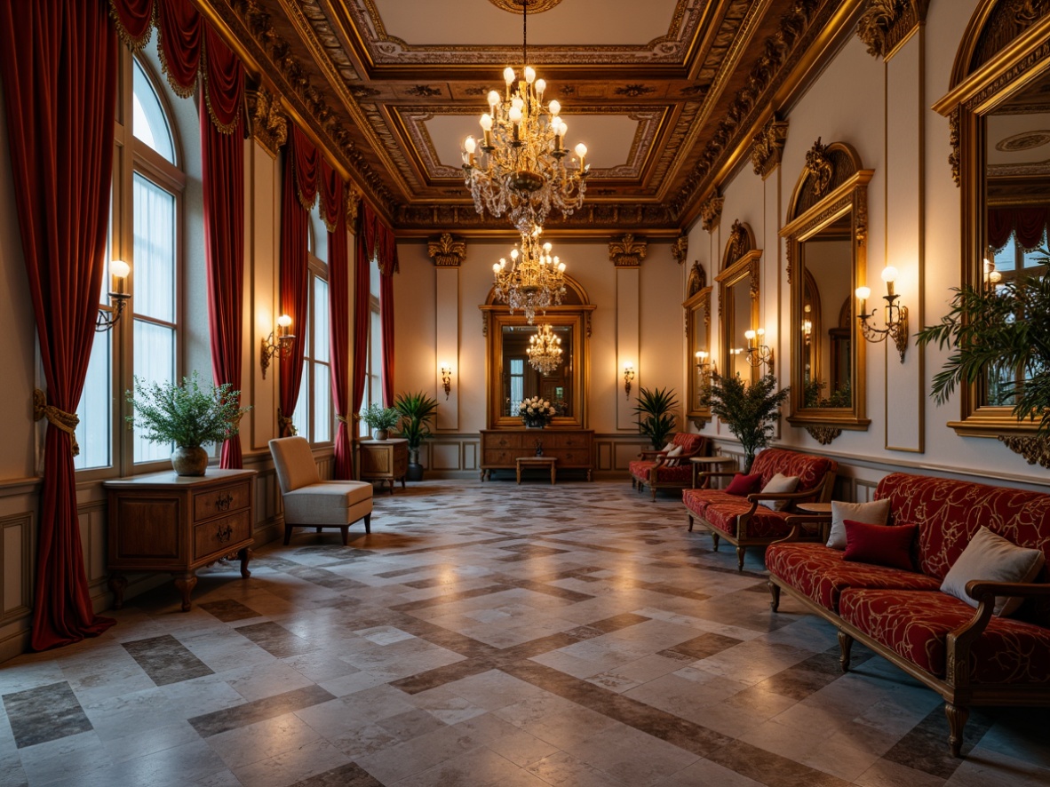 Prompt: Opulent Baroque interior, rich velvet fabrics, gilded ornate frames, luxurious marble floors, intricate carvings, golden accents, warm candlelight, lavish furnishings, regal atmosphere, dramatic archways, grandiose chandeliers, soft warm beige walls, deep jewel-toned woods, lavish reds, majestic blues, ornate mirrors, subtle texture contrasts, realistic material renderings, cinematic lighting, 1/2 composition, shallow depth of field.