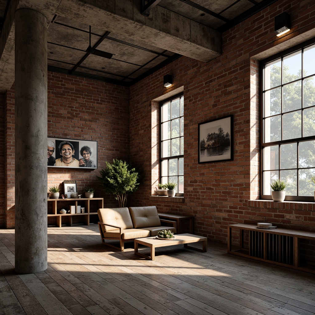 Prompt: Exposed brick walls, distressed wood accents, metal beams, reclaimed wooden floors, industrial-style lighting fixtures, minimalist decor, urban loft atmosphere, concrete ceilings, rough-hewn stone features, worn leather furniture, metallic color schemes, dramatic shadows, low-key lighting, 1/1 composition, moody ambient occlusion.