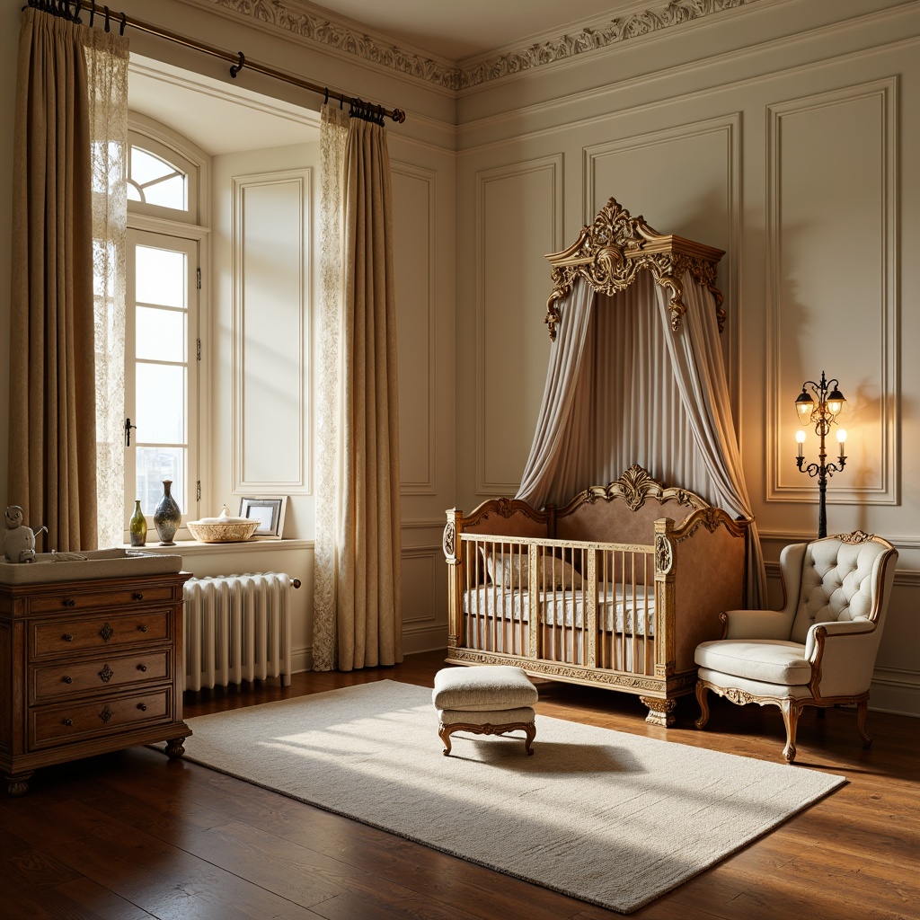 Prompt: Renaissance-style nursery, ornate crib, intricately carved wooden furniture, velvet upholstery, golden accents, soft cream-colored walls, warm beige flooring, plush area rug, delicate lace curtains, antique-inspired changing table, distressed wood finish, richly patterned fabrics, tufted ottoman, elegant wingback chair, refined metal fixtures, warm candlelight, shallow depth of field, 1/2 composition, realistic textures, ambient occlusion.