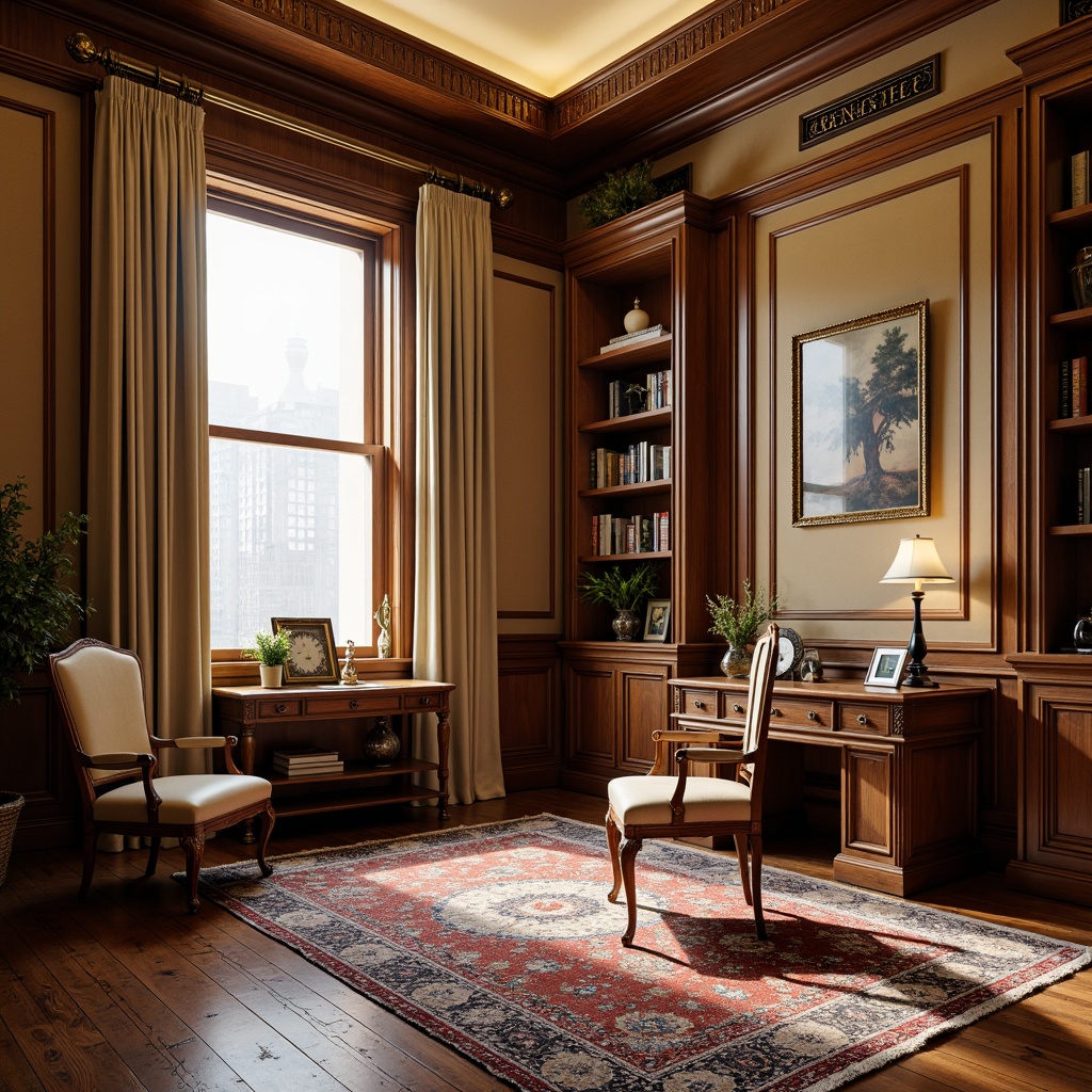 Prompt: Rich wood tones, ornate carvings, classic furnishings, plush area rugs, elegant drapery, warm beige walls, traditional desk, comfortable leather chair, vintage-inspired accessories, antique clock, decorative bookshelves, framed artwork, soft box lighting, 3-point composition, realistic textures, subtle ambient occlusion.