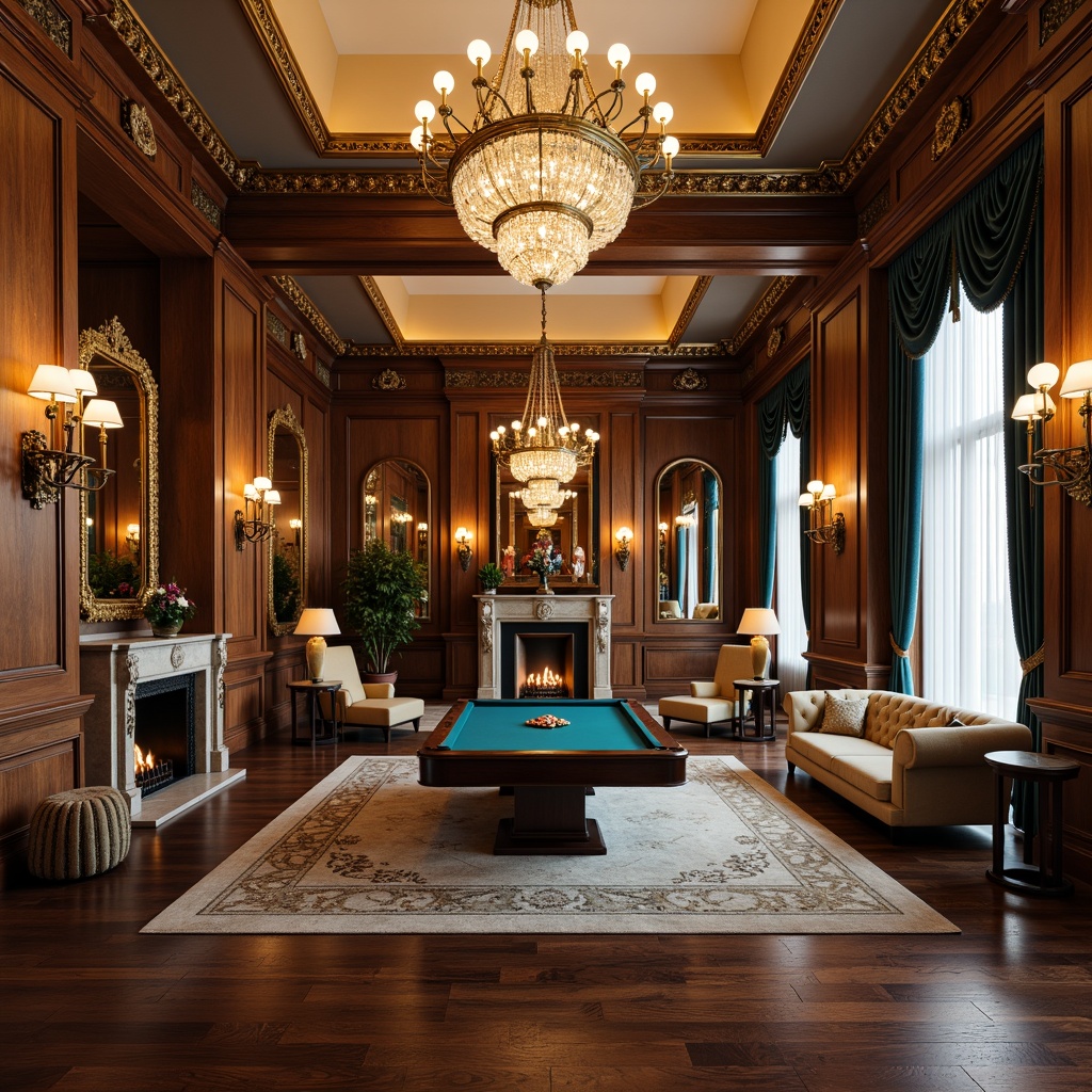 Prompt: Elegant game room, rich wood paneling, ornate furnishings, intricate moldings, luxurious fabrics, velvety soft couches, golden accents, crystal chandeliers, marble fireplaces, warm beige walls, deep blue velvet drapes, polished wooden floors, antique vases, ornamental mirrors, neoclassical architectural details, subtle warm lighting, shallow depth of field, 2/3 composition, realistic textures, ambient occlusion.