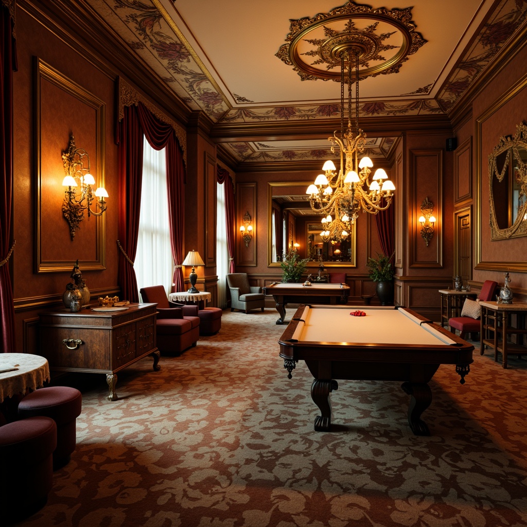 Prompt: Elegant game room, ornate chandeliers, crystal sconces, warm golden lighting, rich wood paneling, intricately carved furniture, luxurious velvet drapes, gilded mirror frames, frescoed ceilings, grandiose architecture, regal color palette, soft box lighting, subtle gradient effects, dramatic spotlights, 1/2 composition, cinematic atmosphere, detailed textures, ambient occlusion.