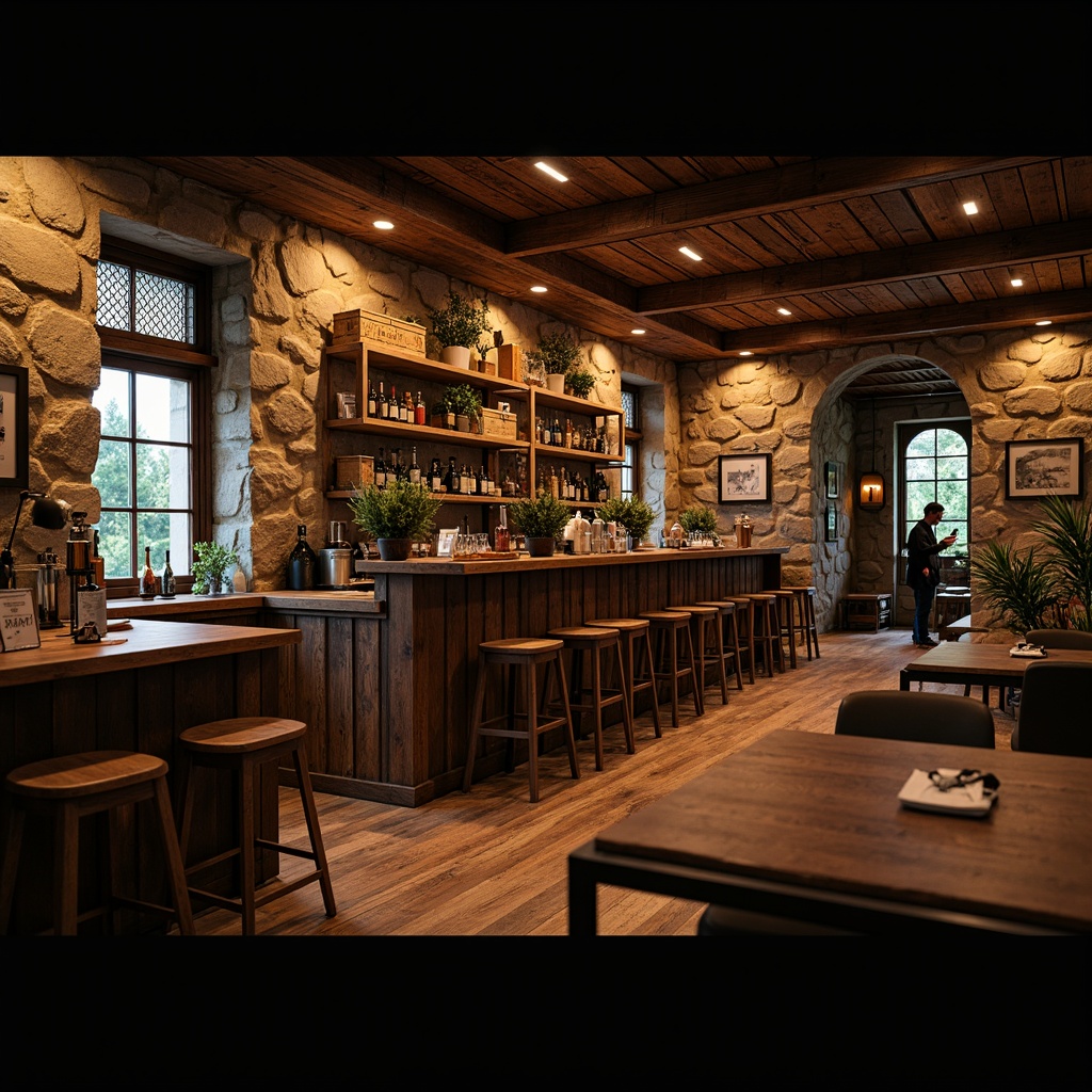 Prompt: Rustic bar interior, reclaimed wood walls, distressed finishes, earthy tones, natural textures, stone accents, wooden crates, vintage signs, metal lanterns, dim warm lighting, shallow depth of field, 2/3 composition, realistic wood grains, ambient occlusion.