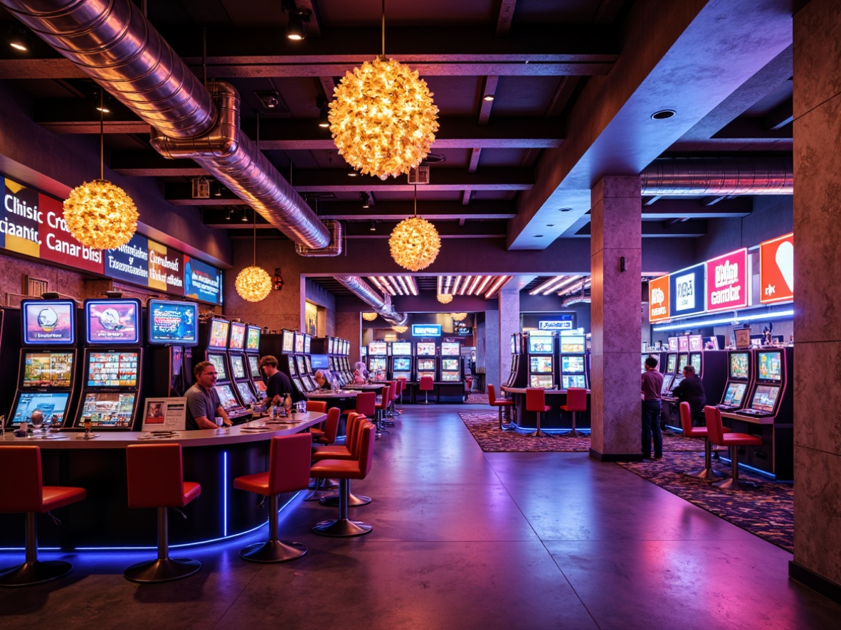 Prompt: Vibrant casino interior, industrial chic decor, exposed ductwork, metallic beams, polished concrete floors, neon signage, LED light strips, futuristic chandeliers, glowing orbs, dramatic spotlights, warm ambient lighting, high ceilings, open spaces, luxurious textures, metallic accents, bold color schemes, dynamic shadows, 3/4 composition, low-key lighting, cinematic atmosphere.