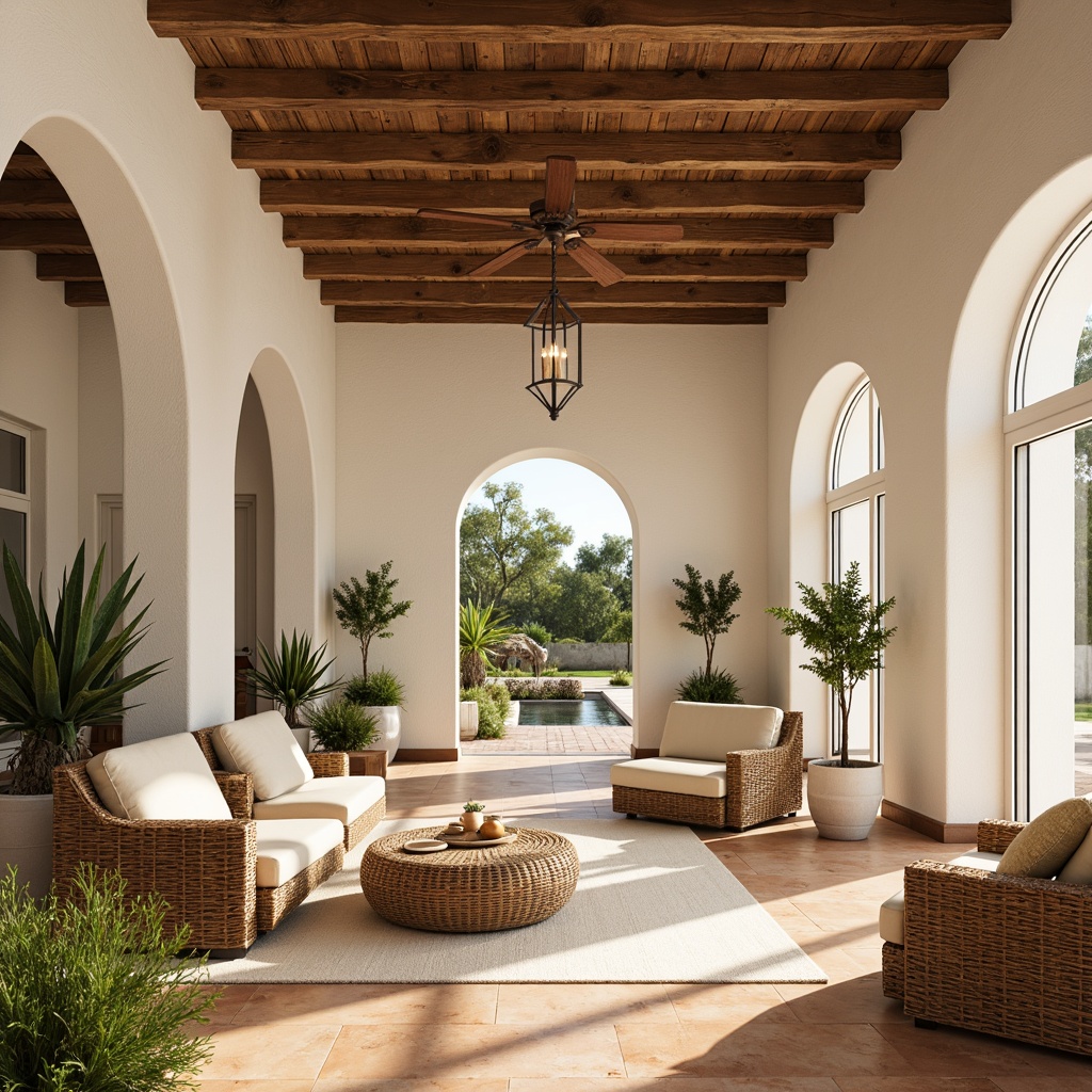 Prompt: Warm Mediterranean interior, soft natural light, large windows, sliding glass doors, creamy white walls, earthy terracotta floors, rustic wooden beams, lush greenery, potted plants, woven wicker furniture, airy open spaces, minimal decor, neutral color palette, warm beige tones, soft cream accents, ambient lighting, subtle shadows, 1/1 composition, realistic textures, high dynamic range.