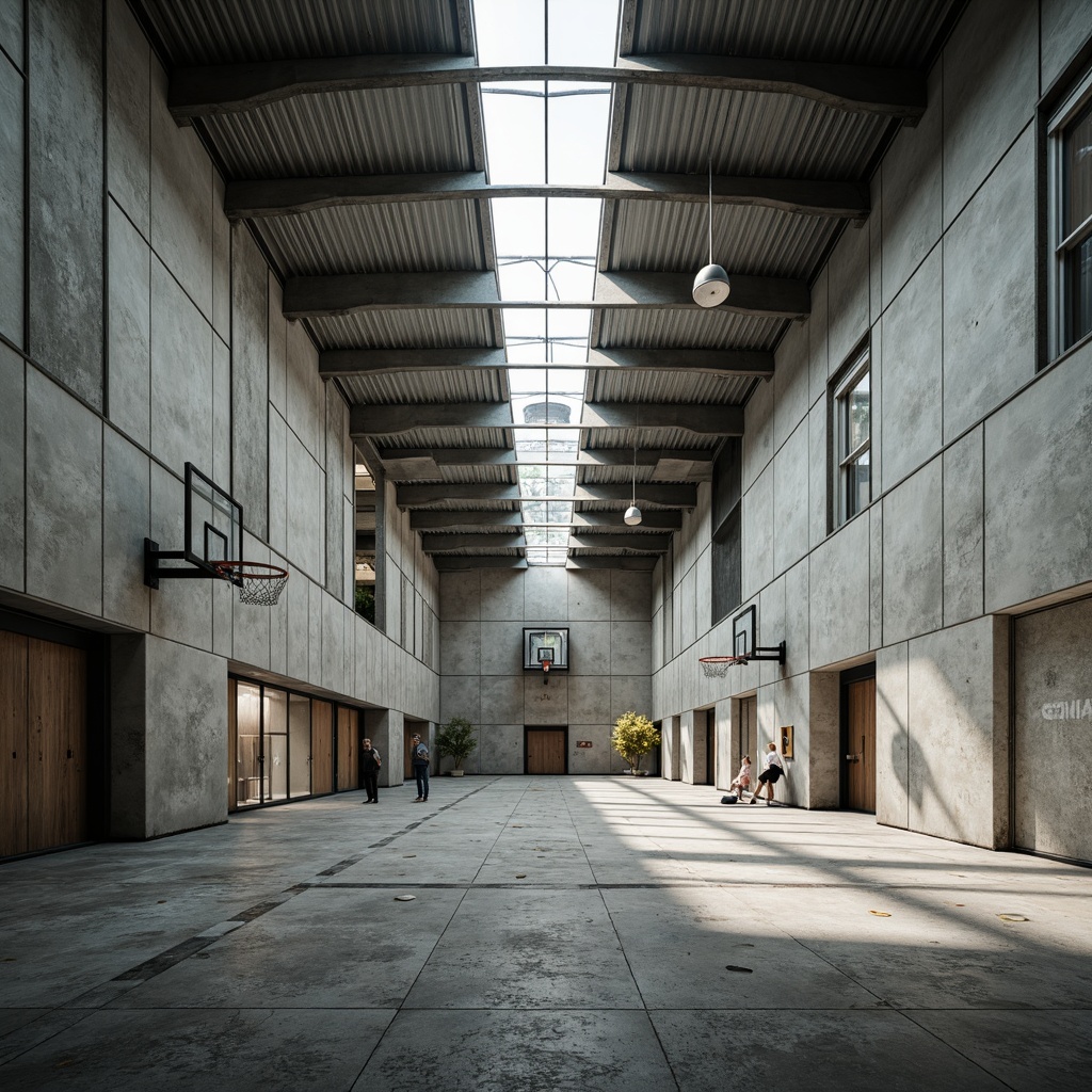 Prompt: Exposed concrete walls, rugged stone floors, industrial metal beams, suspended ceilings, brutalist architecture, vast open spaces, natural light pouring in, minimal ornamentation, functional design, athletic equipment, basketball hoops, volleyball nets, gymnastic apparatus, climbing walls, mirrored surfaces, high ceilings, dramatic shadows, cold hard lighting, 3/4 composition, symmetrical framing, abstract textures, ambient occlusion.