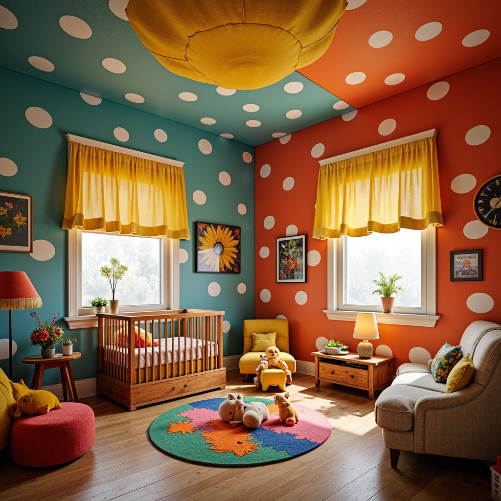 Prompt: Vibrant kids' room, whimsical expressionist style, bold colorful walls, playful polka-dot patterns, curved lines, irregular shapes, oversized furniture, plush toys, soft cushions, wooden cribs, tiny chairs, tiny tables, wacky lamps, fantastical decorations, dreamy ambiance, warm cozy lighting, shallow depth of field, 1/1 composition, close-up shot, realistic textures, ambient occlusion.