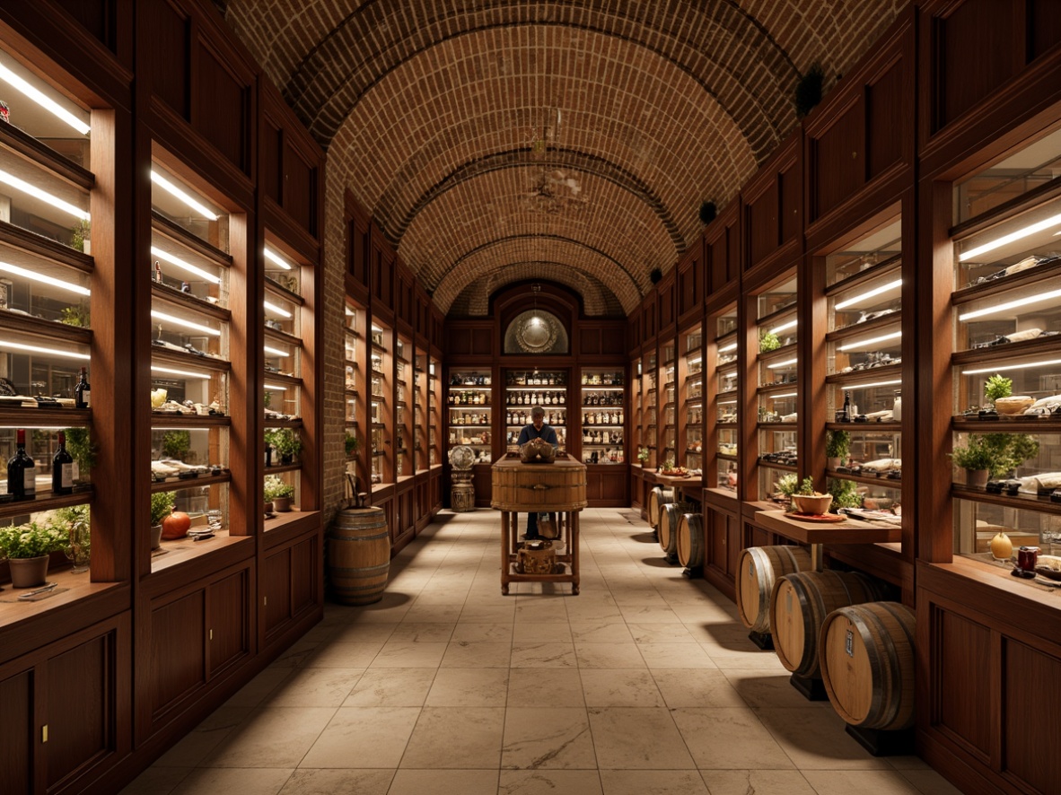 Prompt: Elegant wine cellar, rich wood paneling, climate-controlled environment, humidity regulation system, LED lighting, wooden wine racks, glass-enclosed storage, temperature-controlled zones, wine barrels, fermentation tanks, academic architectural style, stone walls, brick arches, vaulted ceilings, rustic wooden flooring, dimmed soft lighting, subtle warm ambiance, 1/1 composition, realistic textures, ambient occlusion.