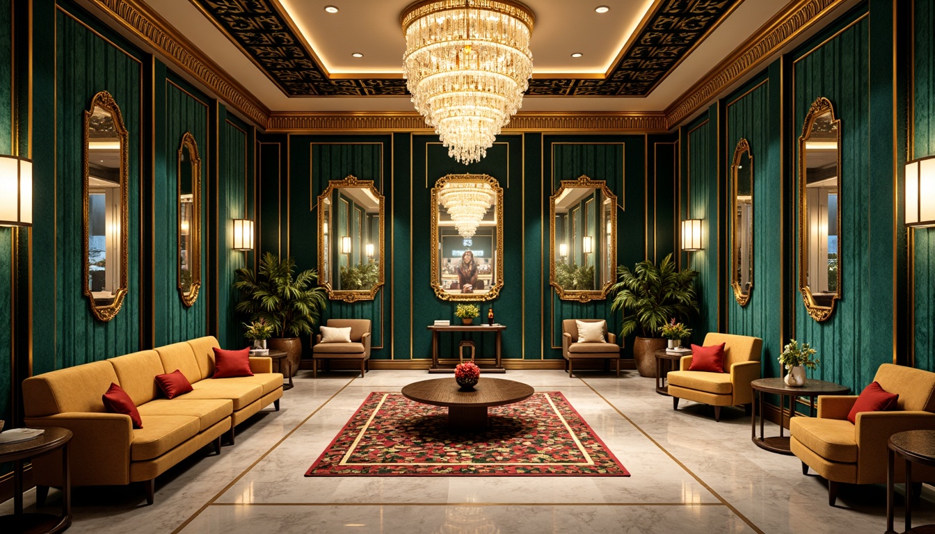 Prompt: Luxurious Art Deco interior, rich velvet fabrics, metallic accents, geometric patterns, bold black outlines, vibrant turquoise, emerald green, ruby red, golden yellow, creamy white, lavish chandeliers, ornate mirrors, marble floors, intricate moldings, opulent furnishings, glamorous ambiance, soft warm lighting, shallow depth of field, 1/1 composition, realistic textures, ambient occlusion.