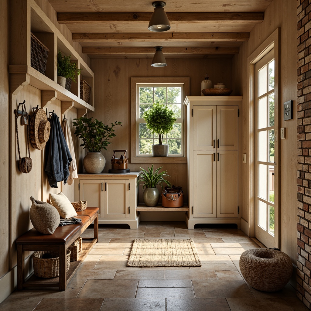 Prompt: Earthy mudroom, rustic wooden accents, natural stone flooring, woven baskets, vintage outdoor gear, warm beige walls, rich brown leather benches, distressed metal hooks, earthy greenery, soft cream-colored cabinetry, industrial-style lighting, exposed brick details, cozy textiles, warm golden lighting, shallow depth of field, 1/1 composition, realistic textures, ambient occlusion.