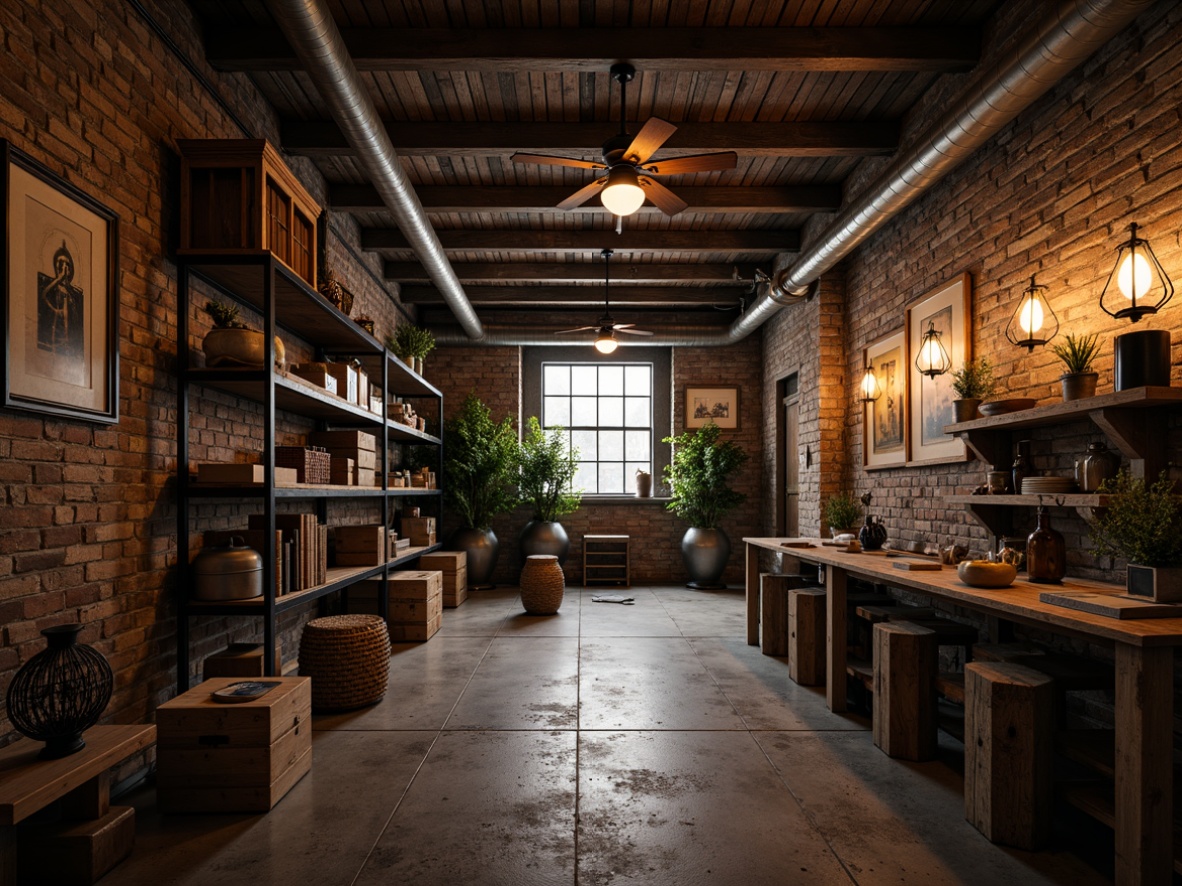 Prompt: Rustic storage room, exposed pipes, industrial chic, distressed brick walls, metal beams, reclaimed wood shelves, vintage factory lamps, urban loft atmosphere, dim warm lighting, shallow depth of field, 1/2 composition, realistic metallic textures, ambient occlusion.