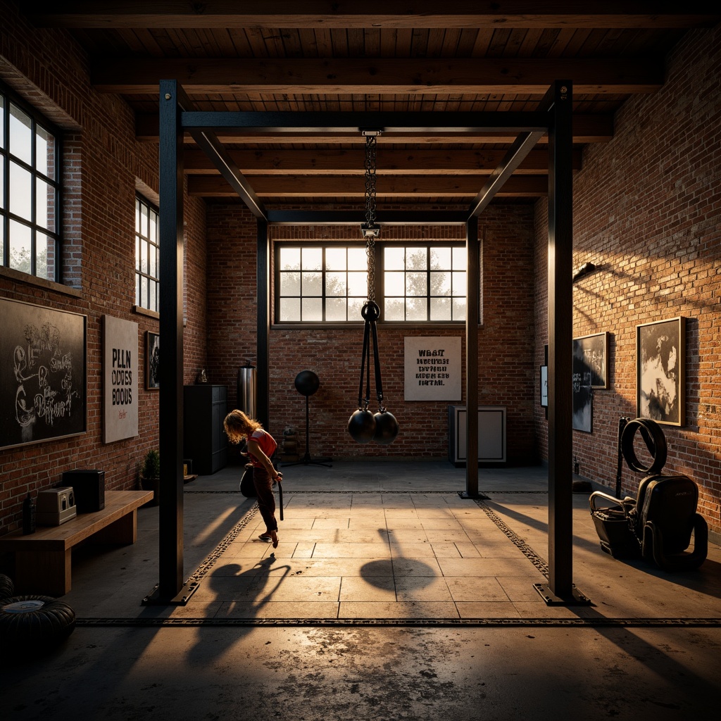 Prompt: Moody home gym, industrial-chic atmosphere, exposed brick walls, metallic equipment, suspended boxing rings, motivational quotes, dramatic spotlighting, warm golden lighting, high-contrast shadows, intense color palette, bold geometric shapes, distressed wood accents, urban-inspired graffiti, functional minimalism, dynamic composition, low-angle shot, cinematic flair, realistic textures, ambient occlusion.