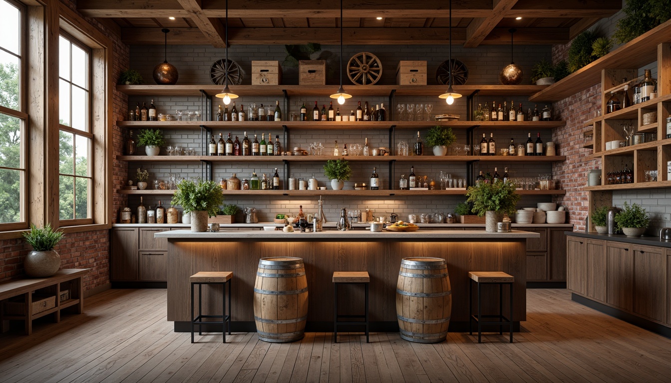 Prompt: Rustic home bar, reclaimed wood shelves, distressed metal brackets, vintage wine barrels, wooden crates, industrial pendant lights, exposed brick walls, earthy color palette, natural stone countertops, wooden floorboards, cozy atmosphere, warm ambient lighting, shallow depth of field, 1/1 composition, realistic textures, subtle reflections.